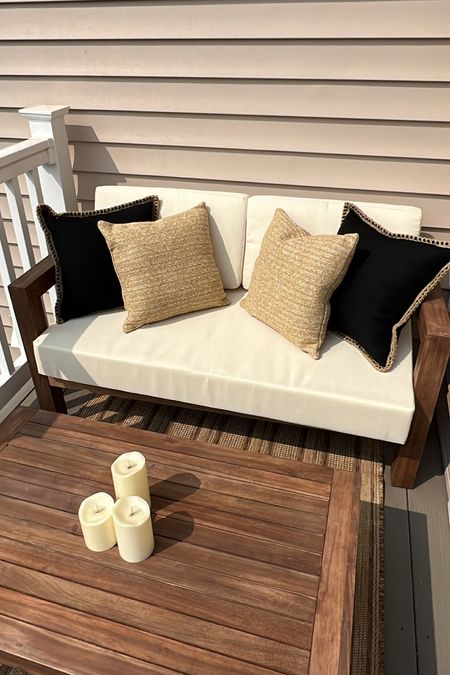 Patio furniture, outdoor furniture, outdoor wood couch with cushions, aesthetic outdoor furniture, organic modern outdoor furniture
