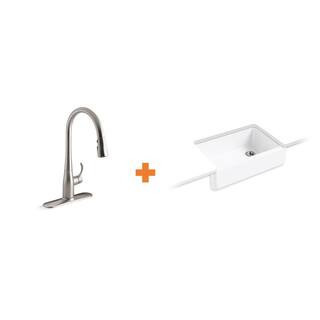 Whitehaven Undermount Cast Iron 33 in. Kitchen Sink in White with Faucet in Stainless Steel (2-Piece) | The Home Depot