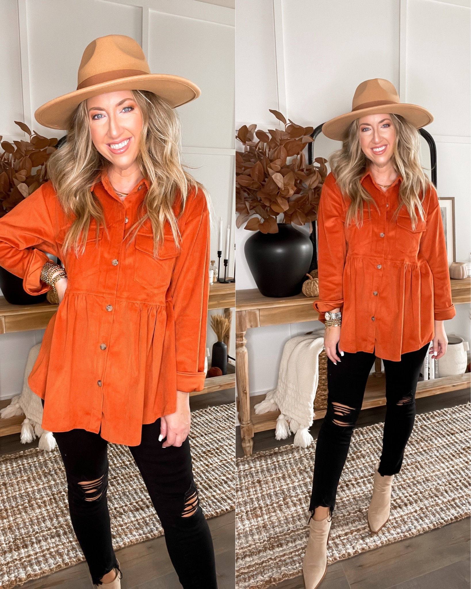 Amazon fashion amazon finds corduroy peplum button down size small, distressed black jeans tts, hat in the camel color booties tts fall fashion fall outfit 

#LTKunder50 #LTKSeasonal