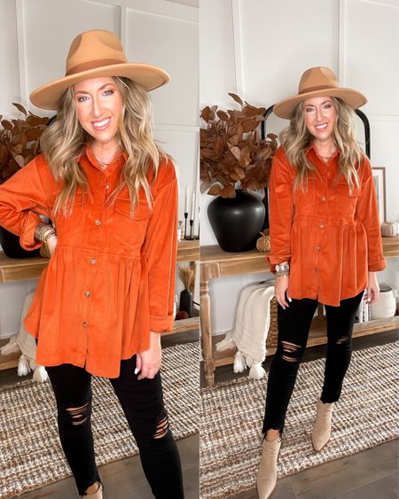 Amazon fashion amazon finds corduroy peplum button down size small, distressed black jeans tts, hat in the camel color booties tts fall fashion fall outfit 

#LTKunder50 #LTKSeasonal