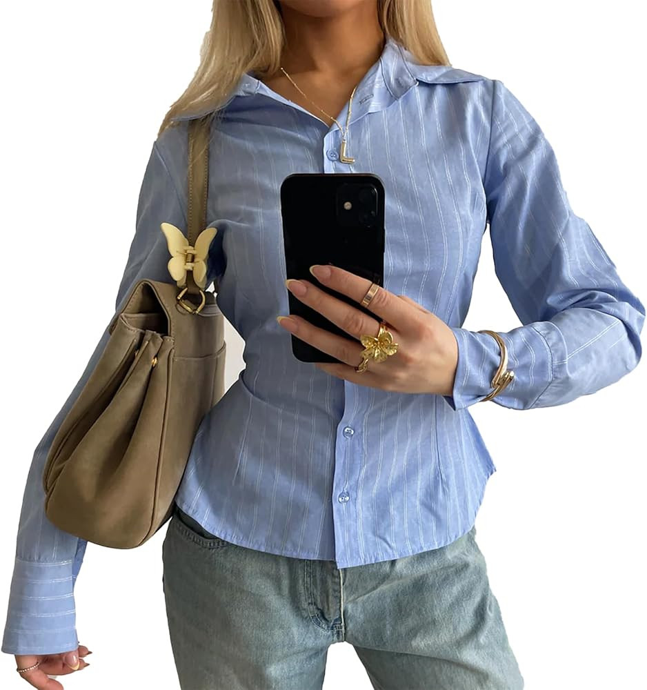 Women Y2k Button Down Slim Fit Shirt Lapel V Neck Striped/Solid Long Sleeve Blouse Back Tie Work ... | Amazon (US)