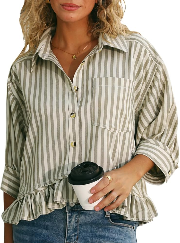 CHYRII Womens Summer Tops Dressy Casual Blouse Top Ruffled Short Sleeve Button Down Striped Shirt | Amazon (US)