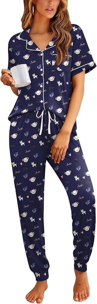 Ekouaer Women Pajama Set Short Sleeve Button Down Pjs Soft Comfy Sleepwear Nightwear with Jogger ... | Amazon (US)