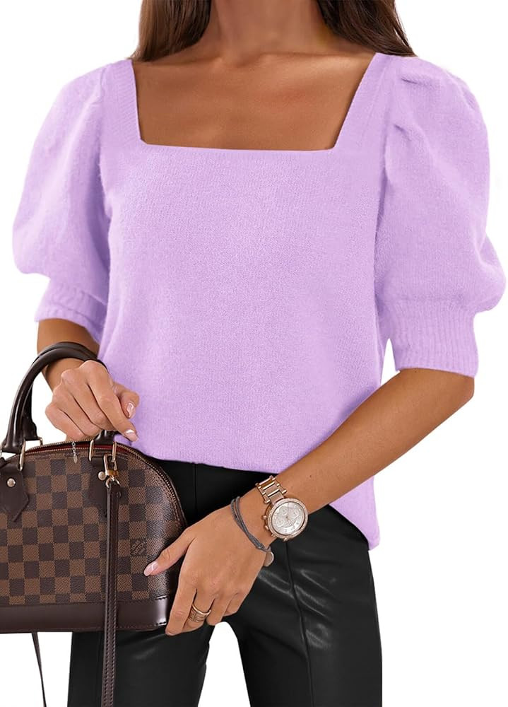 Womens Puff Short Sleeve Sweater Tops 2026 Spring Summer Trendy Casual T Shirts Blouse | Amazon (US)