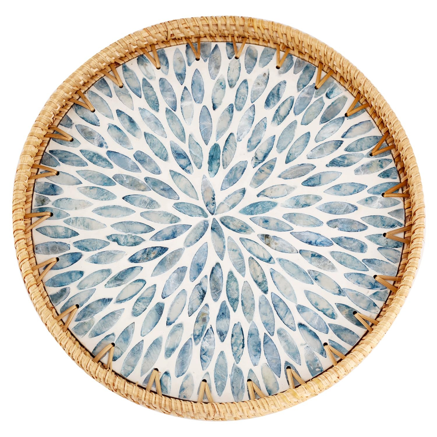 Round Rattan Tray with Mother of Pearl Inlay, Rattan Serving Tray for Coffee, Bread, Fruits, Decorative Wicker Tray for Table Decor, Home Decor, Kitchen Island Decor (Light Blue Leaf, 11.8") | Amazon (US)