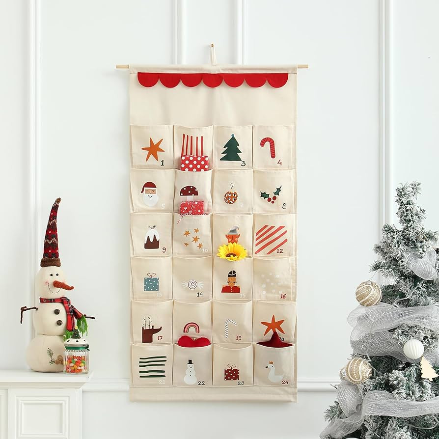 MONOBLANKS Fabric Christmas Advent Calendar with Pockets,Reusable Natural 24 Days Countdown Adven... | Amazon (US)