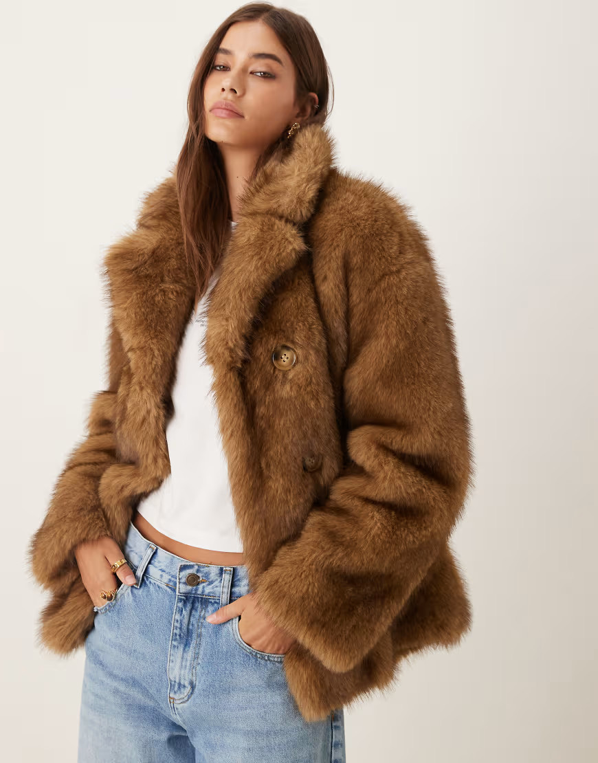 Urbancode double breasted button detail faux fur coat in brown | ASOS (Global)