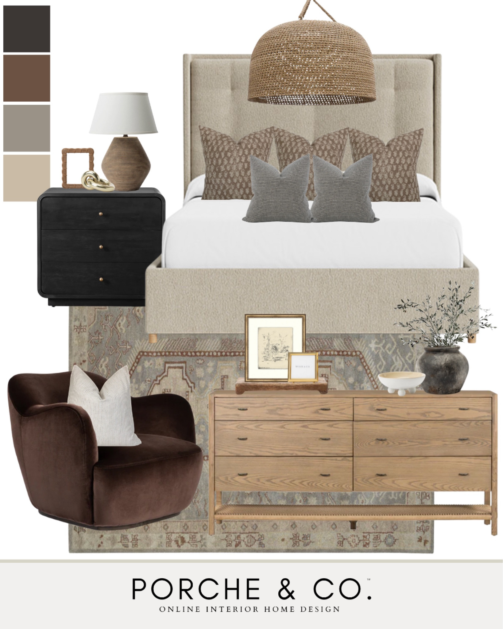Bedroom inspo, bedroom mood board, bedroom design ideas, transitional bedroom, master bedroom inspo, moody bedroom, upholstered bed, velvet swivel chair 

#LTKstyletip #LTKsalealert #LTKhome