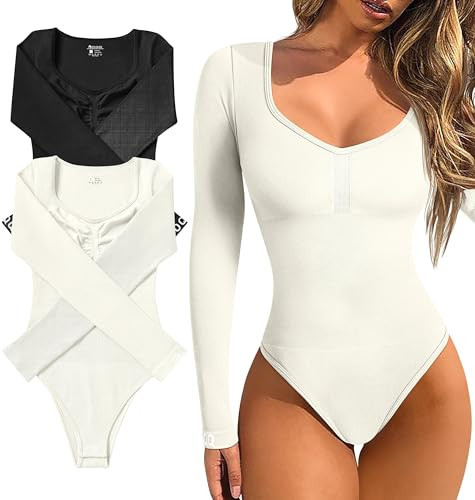 OQQ Bodysuits for Women 2 Piece Sexy Ribbed Long Sleeve Tummy Control Tops Bodysuits Black Beige | Amazon (US)