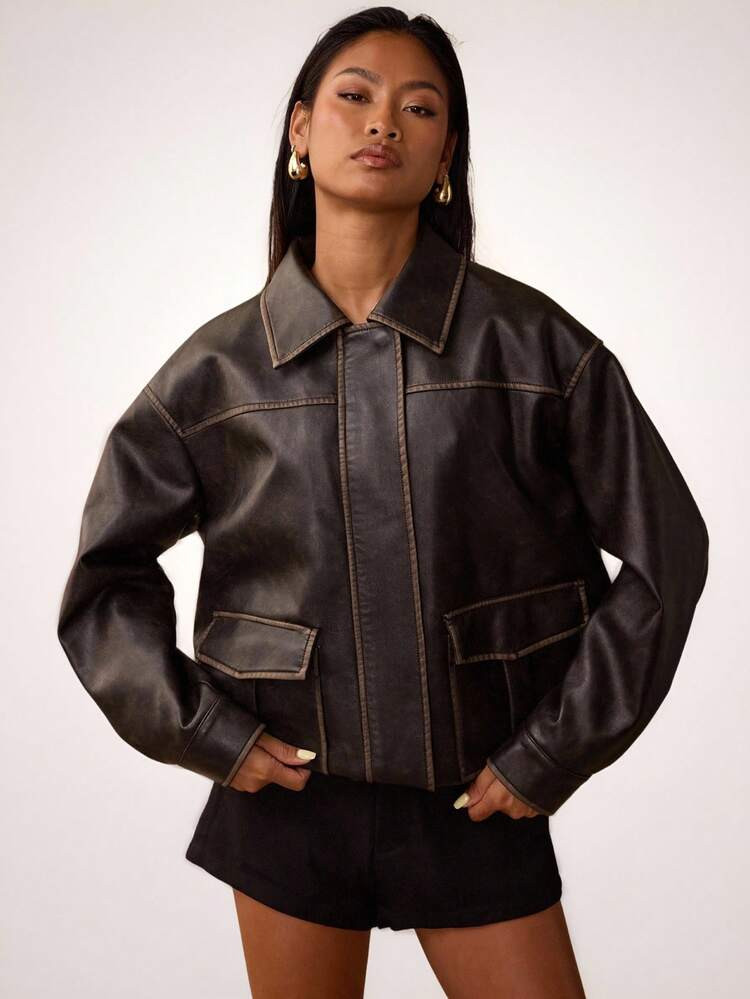 SHEIN BAE Fall Women's Solid Color Lapel Pocket Long SleeveLeather Jacket,Women's Leather Jacket,Washed Leather Jacket,Brown Faux Leather Mottled Texture Belted Hem Biker Jacket,,Brown Jacket | SHEIN