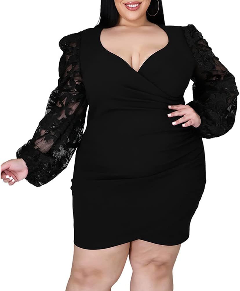 Women's Plus Elegant Contrast Lace Sleeve Deep V Neck Slit Stretchy Bodycon Pencil Wrap Dress | Amazon (US)