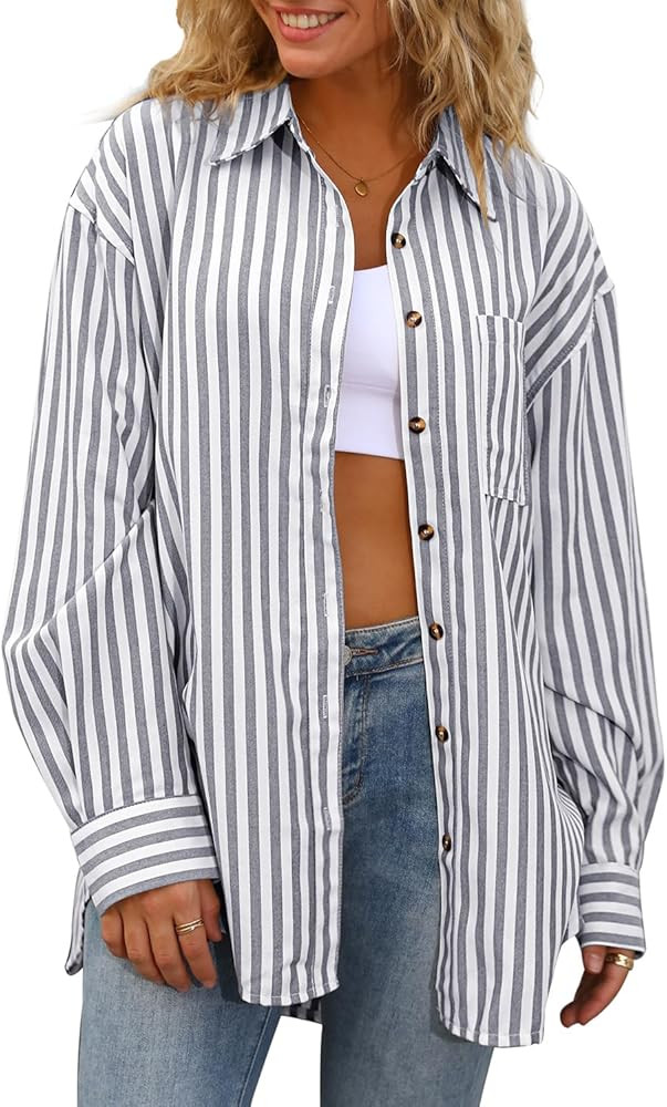 CHYRII Womens Striped Button Down Shirt Casual Long Sleeve Blouse Top | Amazon (US)
