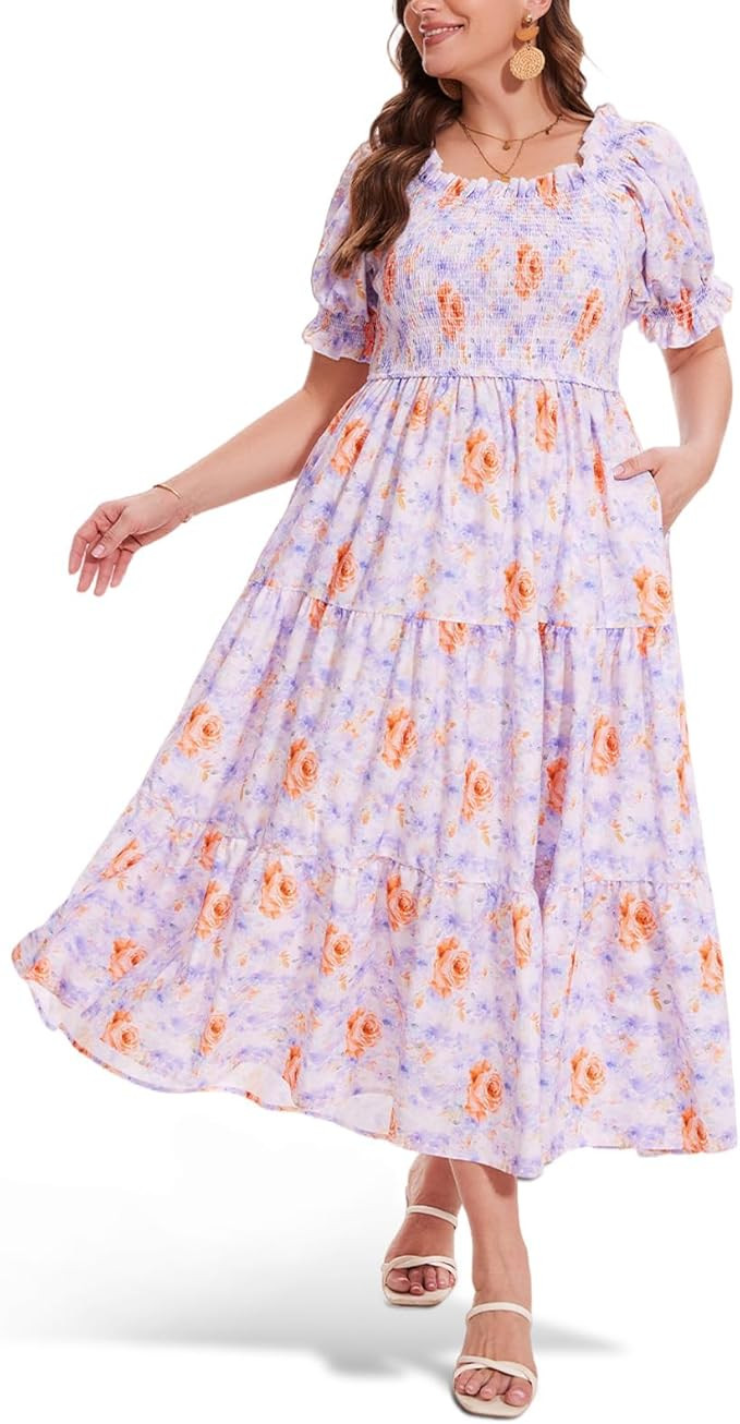 Women's Plus Size Casual Maxi Dress Square Neck Smocked Dress Short Puff Sleeve Floral Solid Summ... | Amazon (US)