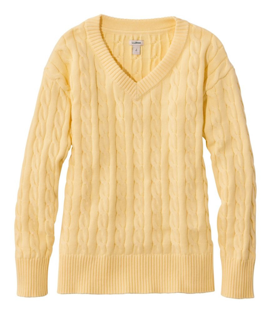 Women's The Original Double L Sweater, Cable V-Neck Light Yellow Small, Cotton/Yarns L. L.Bean | L.L. Bean