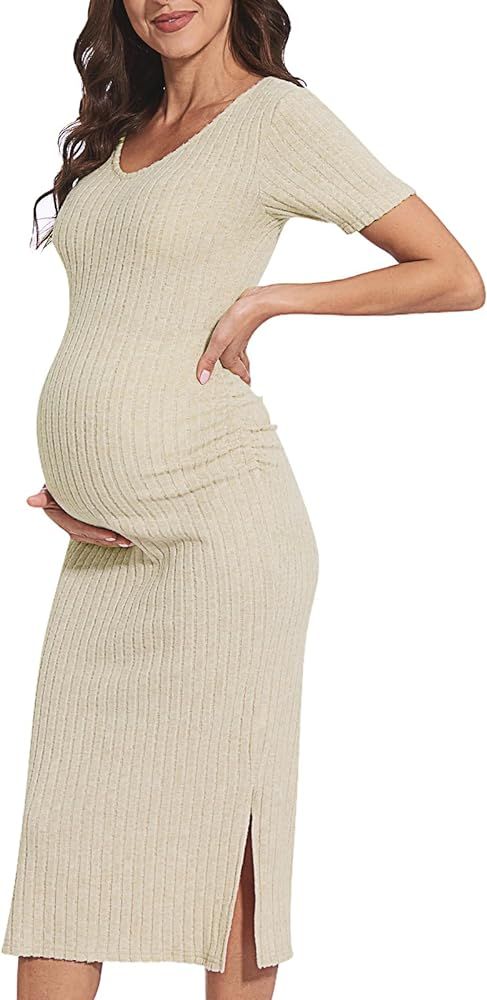 V Neck Side Ruch Knit Ribbed Maternity Bodycon Dress，Maternity Dress for Baby Shower | Amazon (US)
