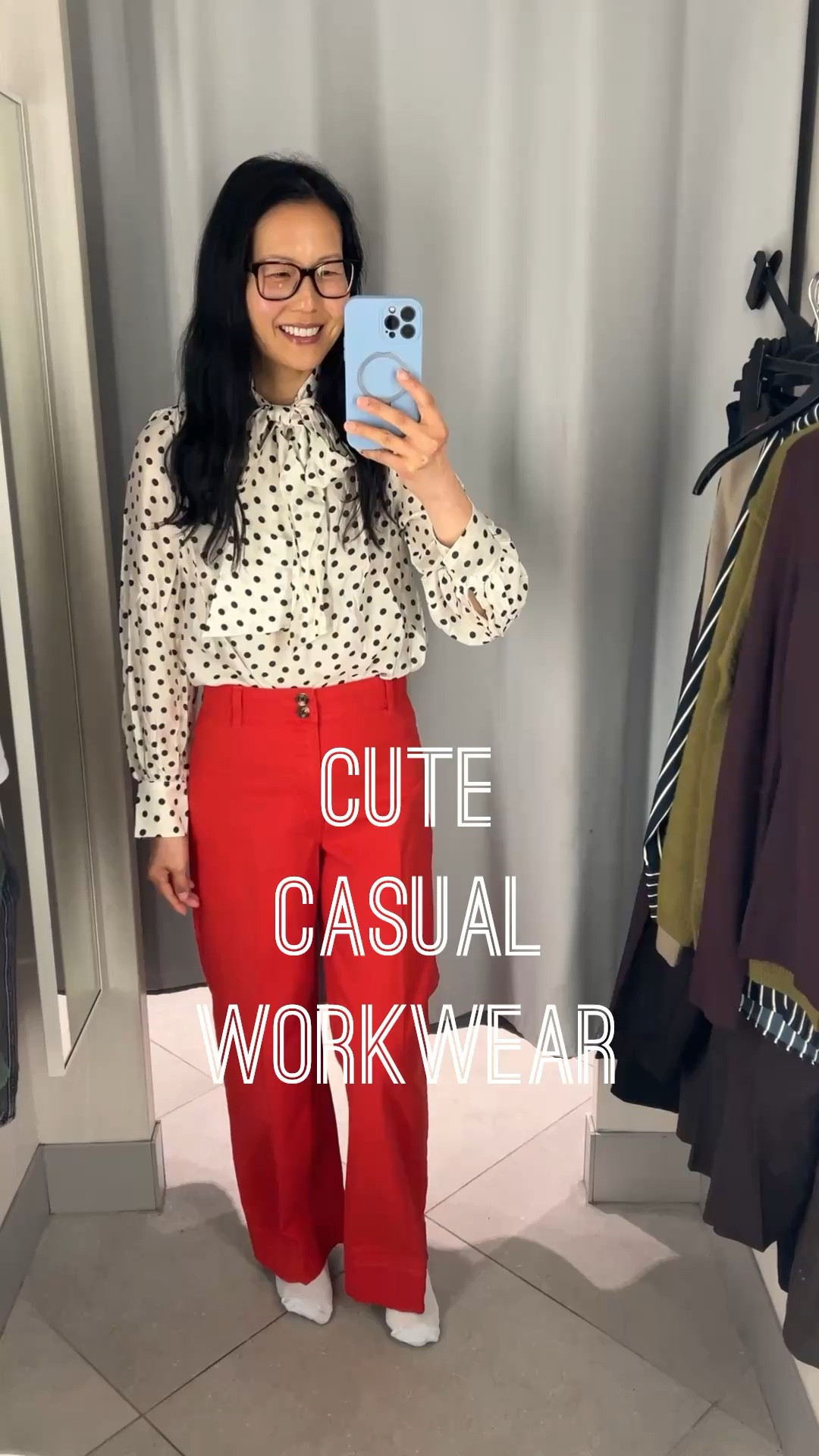 Casual workwear
Everything comes in multiple colors

- Polka dot blouse - not online
- Red pants, 98% cotton, 2% elastane, feel like a denim or canvas, high rise, no front pockets, TTS
- Mock neck sweater, not itchy imo, TTS for oversized fit, wearing small
- Striped button up shirt, TTS, wearing size small
- Polo sweater, TTS, I’m wearing a medium but would prefer my normal size small
-  Square neck top, wearing size small
- “Bootcut Pants” - These are the ones I’m wearing with the square neck top, Pinstripe pants with elastic waistband, tts
- “Dress Pants” - the photo of just pants no person, these are the pants I’m wearing with the stripe shirt, loose straight leg, loved them, tts
- “Slacks” - These are the ankle length pants, they have a comfy elastic waistband all around the inside, tts
- “Dress Pants” - photo with suit, I am wearing these with the green sweater, the have a slight texture which made them feel better quality and gave a little something extra, loved them, tts


#LTKWorkwear