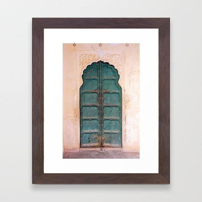Antique door in India - Teal door, peach wall Framed Art Print | Society6