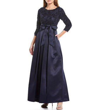 Soutache Floral Lace Round Neck Sequin Bodice Satin 3/4 Sleeve Tie Belt Ball Gown | Dillard's