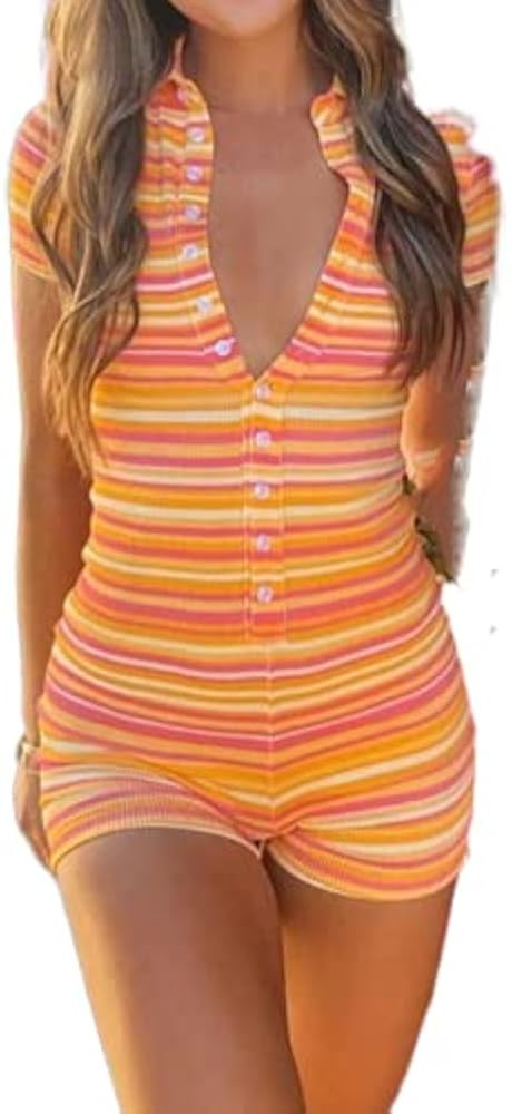 Kaipiclos Women Sexy Y2K Short Sleeve Bodycon Jumpsuit Print Pattern Buttons Overalls Playsuit On... | Amazon (US)