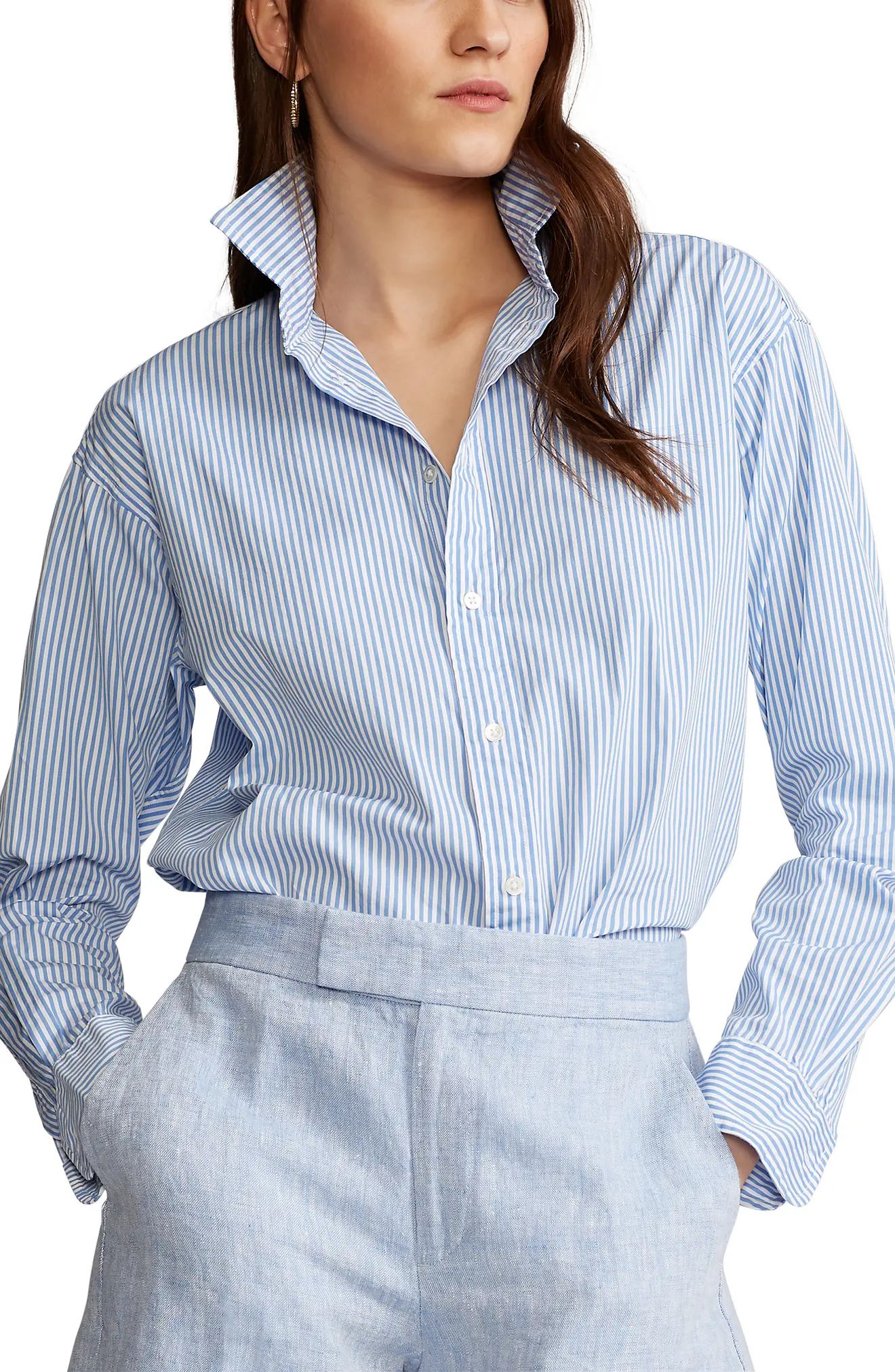 Polo Ralph Lauren Stripe Cotton Shirt in Medium Blue/White at Nordstrom, Size 12 | Nordstrom