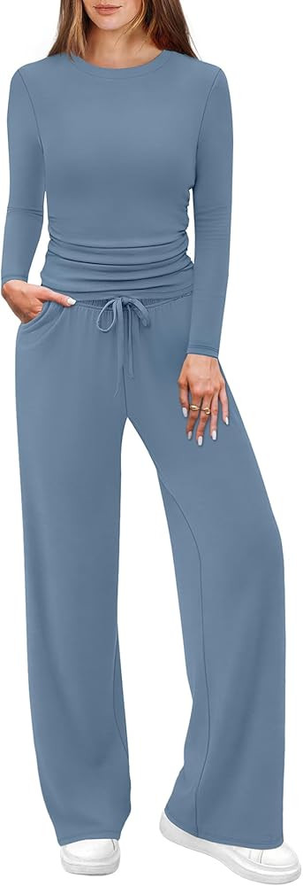 WIHOLL Lounge Sets for Women 2 Piece Vacation Outfits Long Sleeve Tops with Side Ruched Wide Leg ... | Amazon (US)