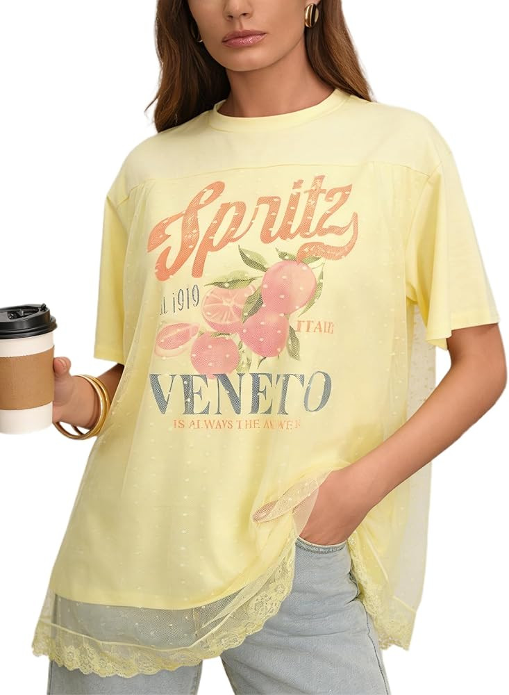 CSDAJIO Trendy Crew Neck Oversized T Shirts for Women Short Sleeve Loose Graphic Tee Summer Lace ... | Amazon (US)