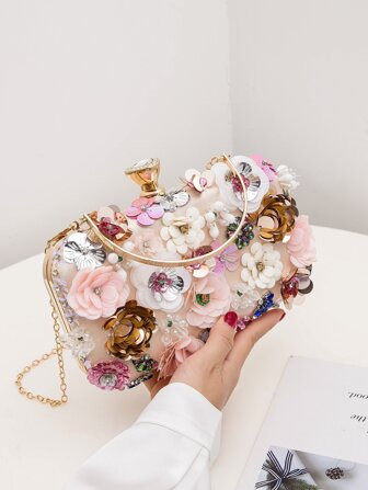 Mini Flower & Bead Decor Top Handle Chain Box Bag, Perfect Bride Purse For Wedding, Prom & Party ... | SHEIN