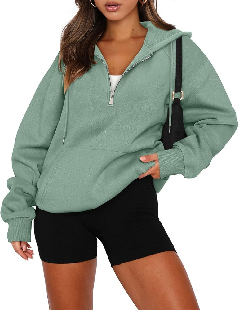 onlypuff Women Half Zipper Pullover Sweatshirt Long Sleeve Hoodies Kangaroo Pocket Fleece Basic S... | Amazon (US)
