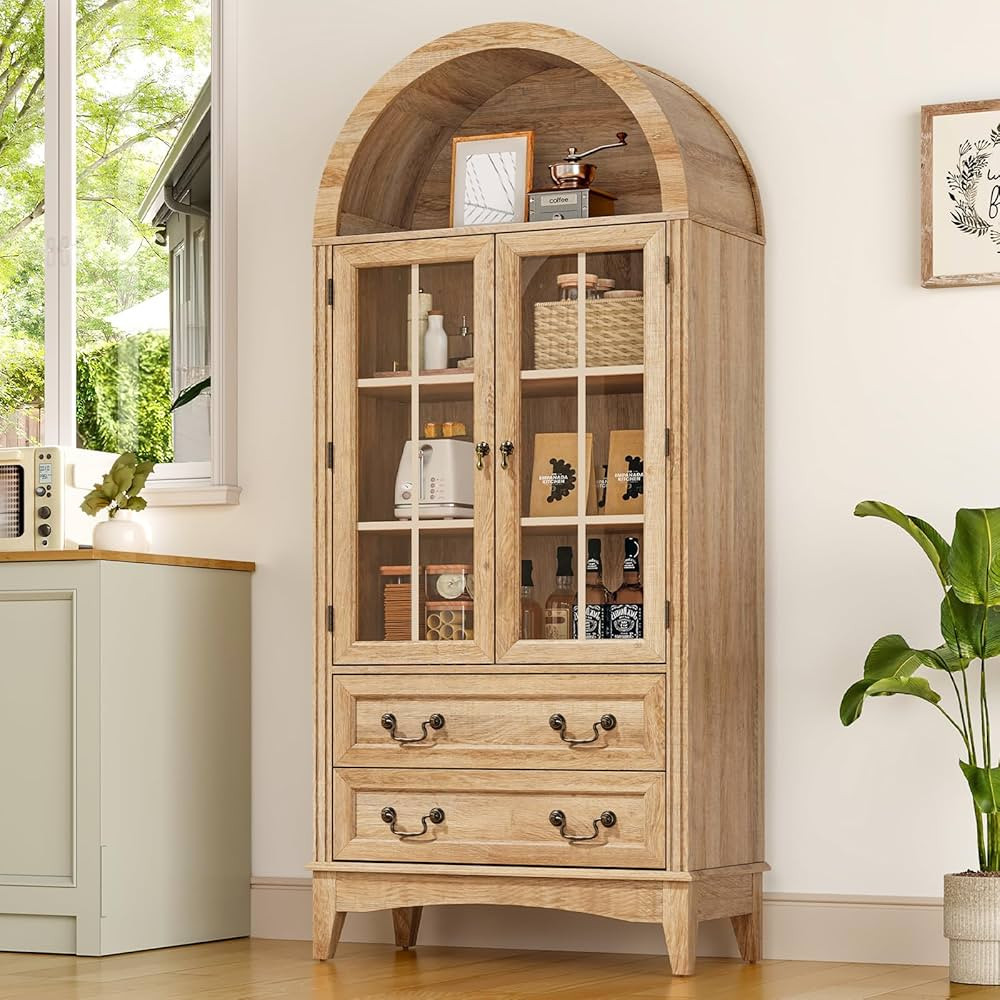 71'' Tall Arched Pantry Cabinet, Farmhouse Kitchen Pantry Cabinet with Glass Doors, Adjustable Sh... | Amazon (US)