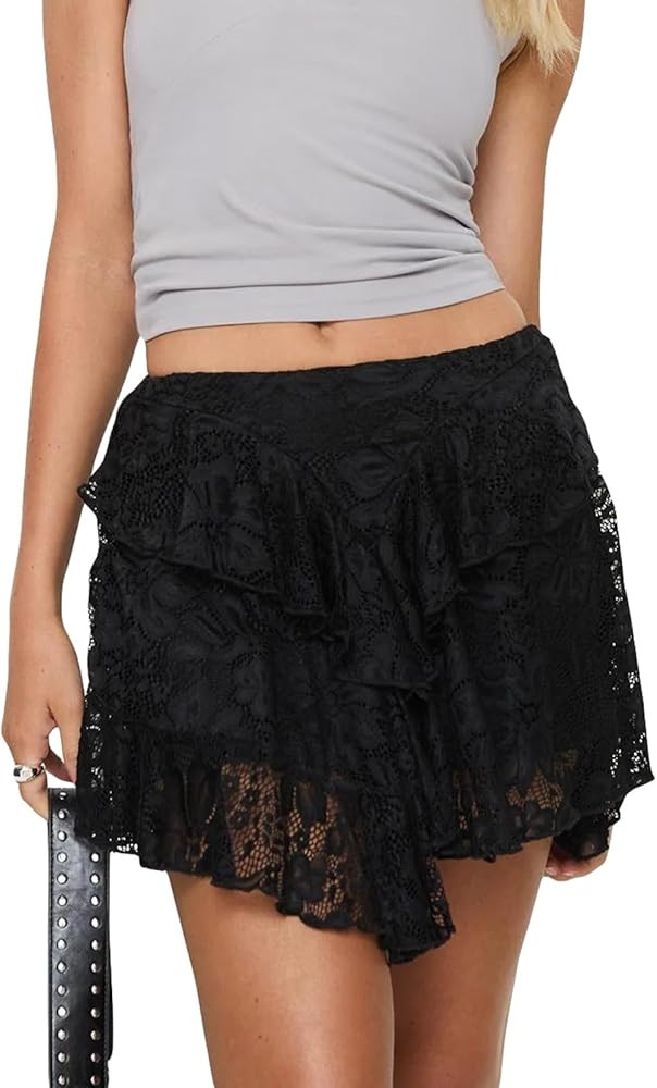 Women's Y2k Lace Half Slip Skirt Low Rise Pleated Ruffle LaceTrim Mini Skirt Layered Flowy Short ... | Amazon (US)