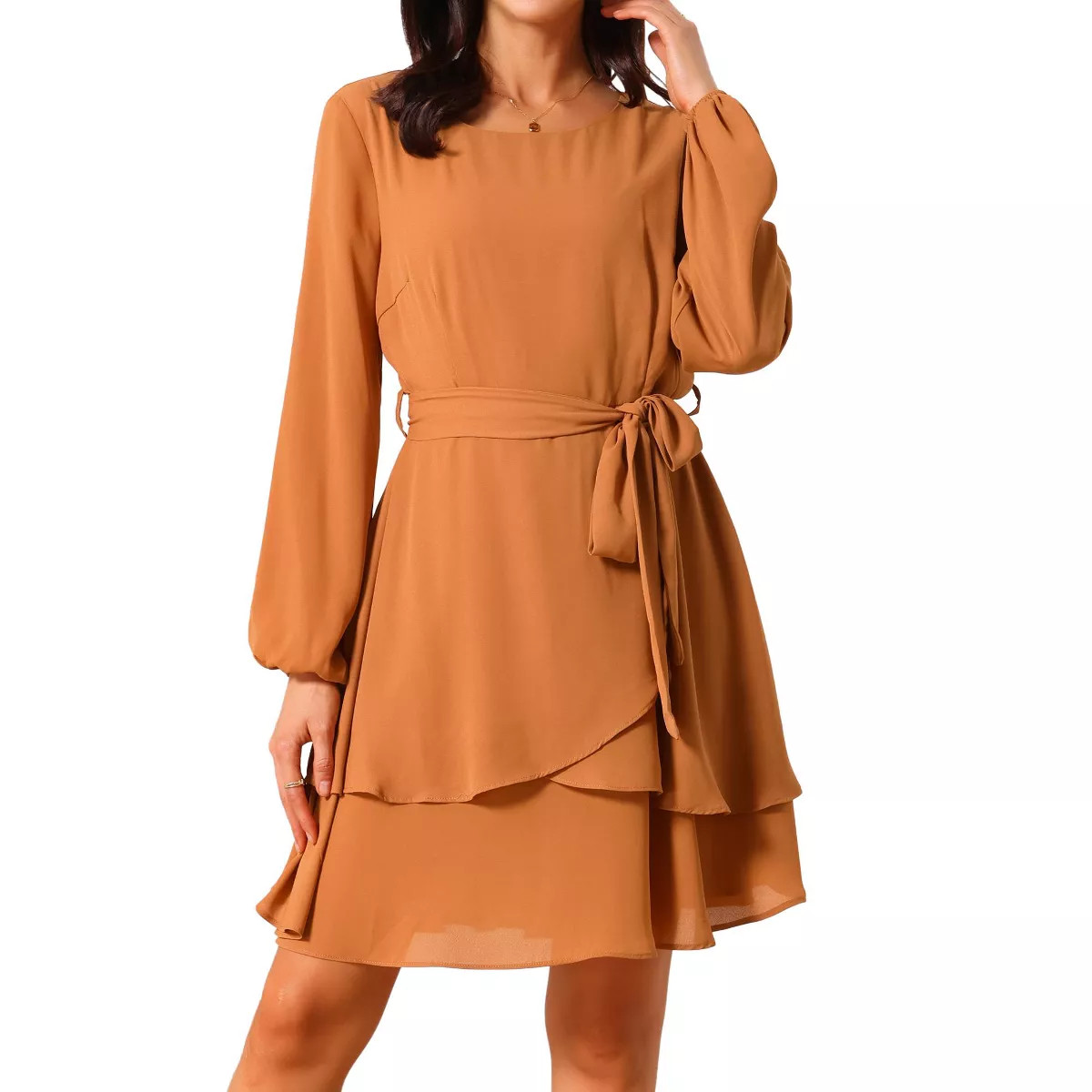 Seta T Women's Fall Round Neck Long Sleeve Waist Tie Ruffle Mini Swing Skater Dress | Target