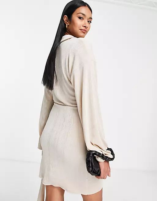 ASOS DESIGN wrap slinky blouson sleeve mini dress with collar in champagne | ASOS | ASOS (Global)