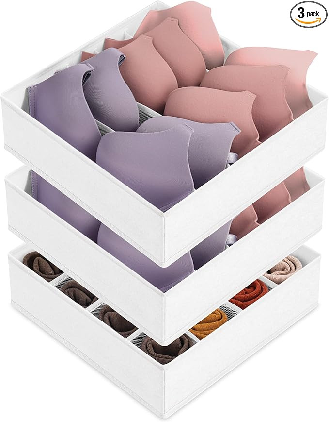 3 Pack Bra Underwear Drawer Organizer Dividers, 26 Cell Fabric Foldable Dresser Closet Organizers... | Amazon (US)