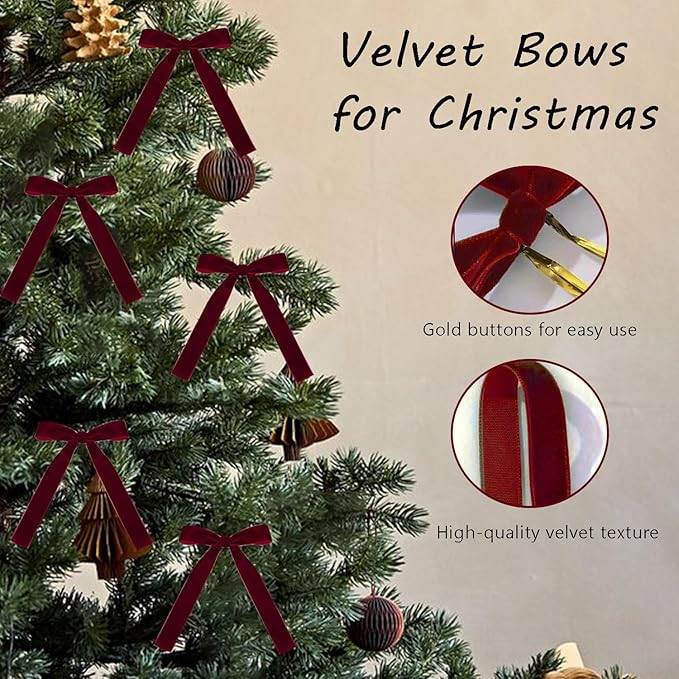 12PCS Red Velvet Bows for Christmas Tree, Bows for Christmas Tree, Garland Red Velvet Bow Ornamen... | Amazon (US)
