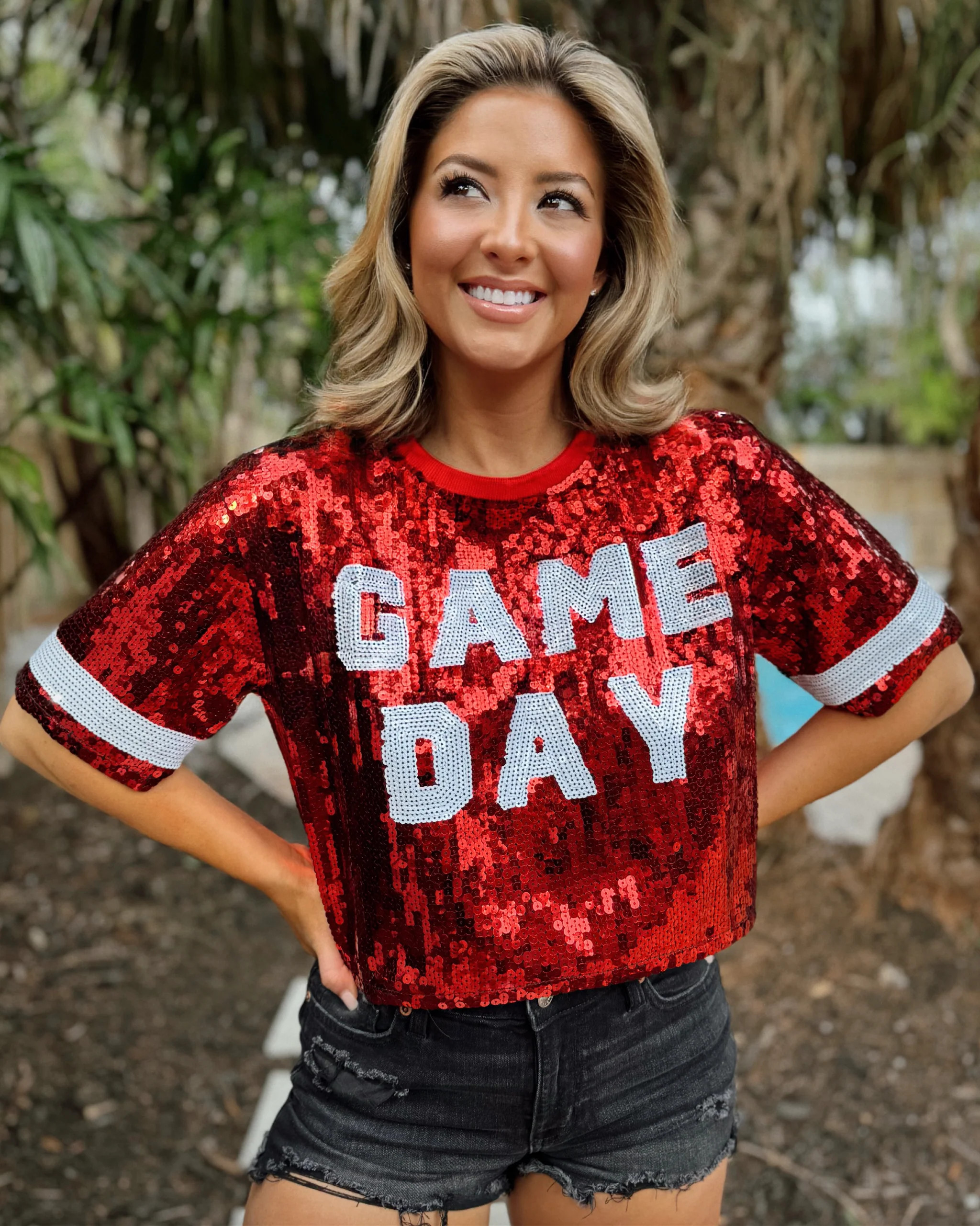 Red Sequin “GAME DAY” Crop (Ships Approx. 2/15) | Live Love Gameday®