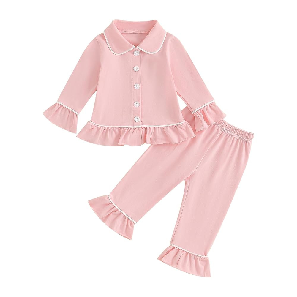 Toddler Kids Baby Girl Solid Pjs Ruffle Long Sleeve Button Shirt Top and Pants Cotton 2Piece Paja... | Amazon (US)