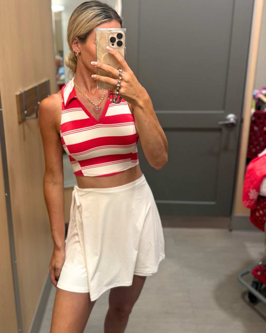 Target women's fashion has the cutest athleisure finds ❤️ This striped collared crop top paired with a white wrap skort is giving country club, golf, and tennis vibes for less. Perfect for pickleball, brunch, vacations, or everyday sporty style. Affordable Target activewear and matching pieces are linked in my LTK! #TargetStyle #TargetFashion #TargetFinds #Athleisure #TennisStyle #GolfOutfit 

 #LTKmomlife #LTKSeasonal #LTKActive