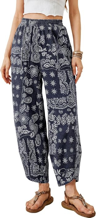 Faleave Womens Boho Paisley Pants Elastic High Waist Loose Tapered Trousers | Amazon (US)