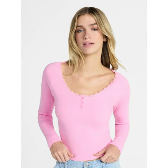 No Boundaries Long Sleeve Henley Top with Lace Trim, Women's XXS-XXL | Walmart (US)