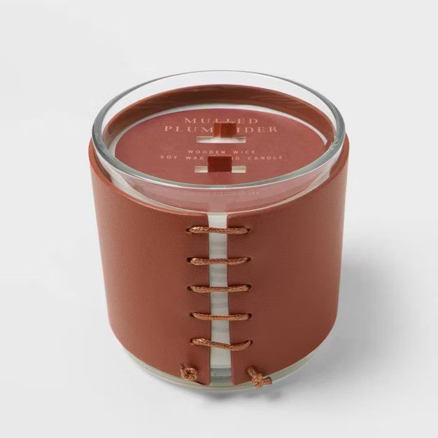 14oz Clear Glass with Stitched Leatherette Wrap Band Mulled Plum Cider Woodwick Candle Clear - Th... | Target