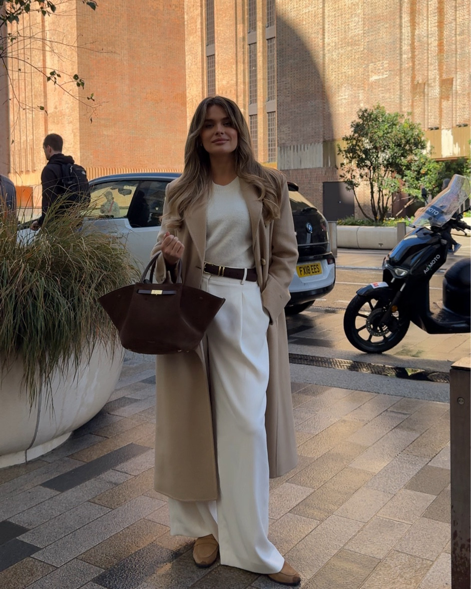 Autumn whites look. Suede bag. White trousers. White wool top. Loafers. Suede belt. Beige coat. 

#LTKautumn #LTKuk #LTKeurope
