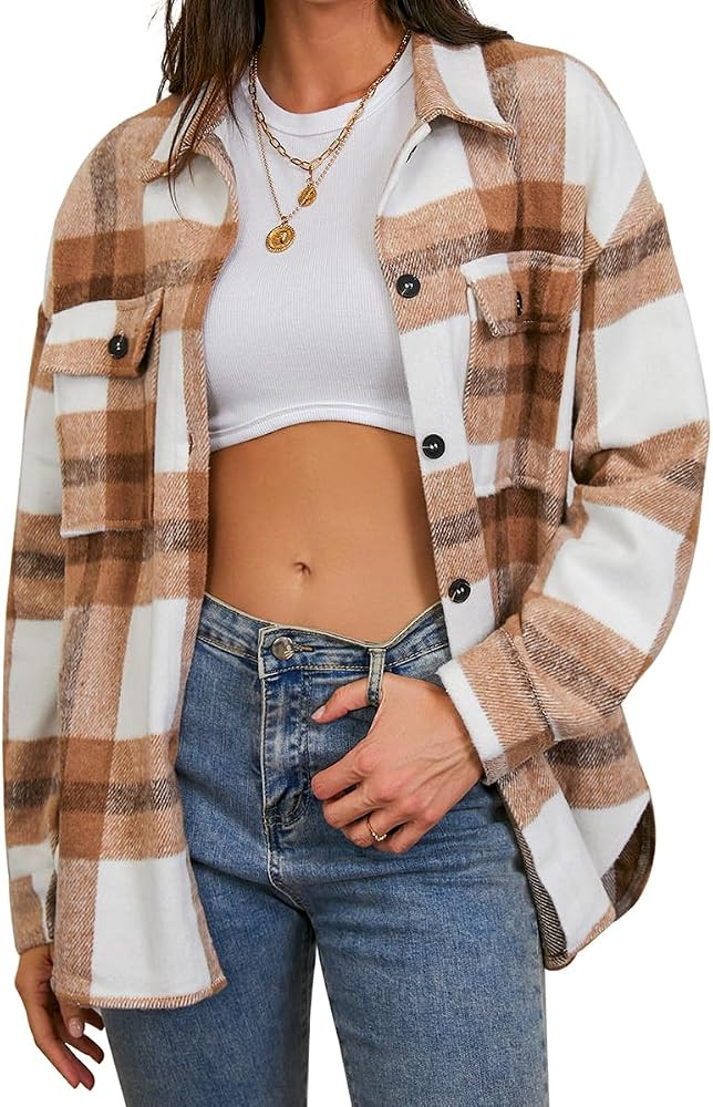 CHYRII Women's Casual Flannel Plaid Shacket Button Down Long Sleeve Shirt Jacket Coats with Pocke... | Amazon (US)