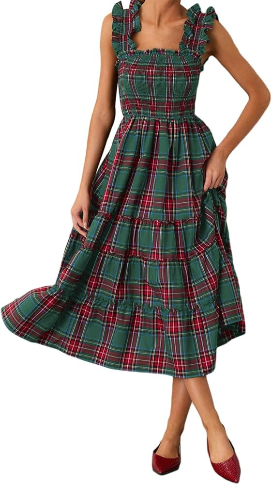 Women Christmas Plaid Sleeveless Maxi Dress Fall Ruffle Sleeve Cocktail Long Dresses Vintage Ging... | Amazon (US)