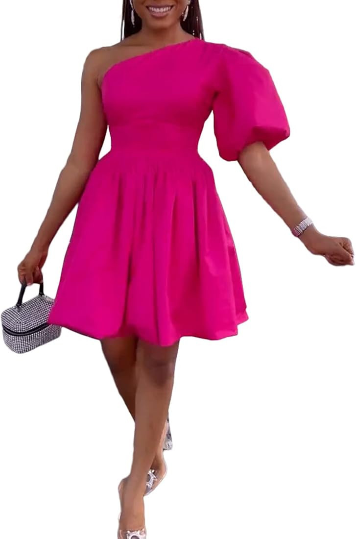 Viatabuna Women's One Shoulder Short Puff Sleeve Dress Swing Pleated A Line Midi Dress Club Party... | Amazon (US)