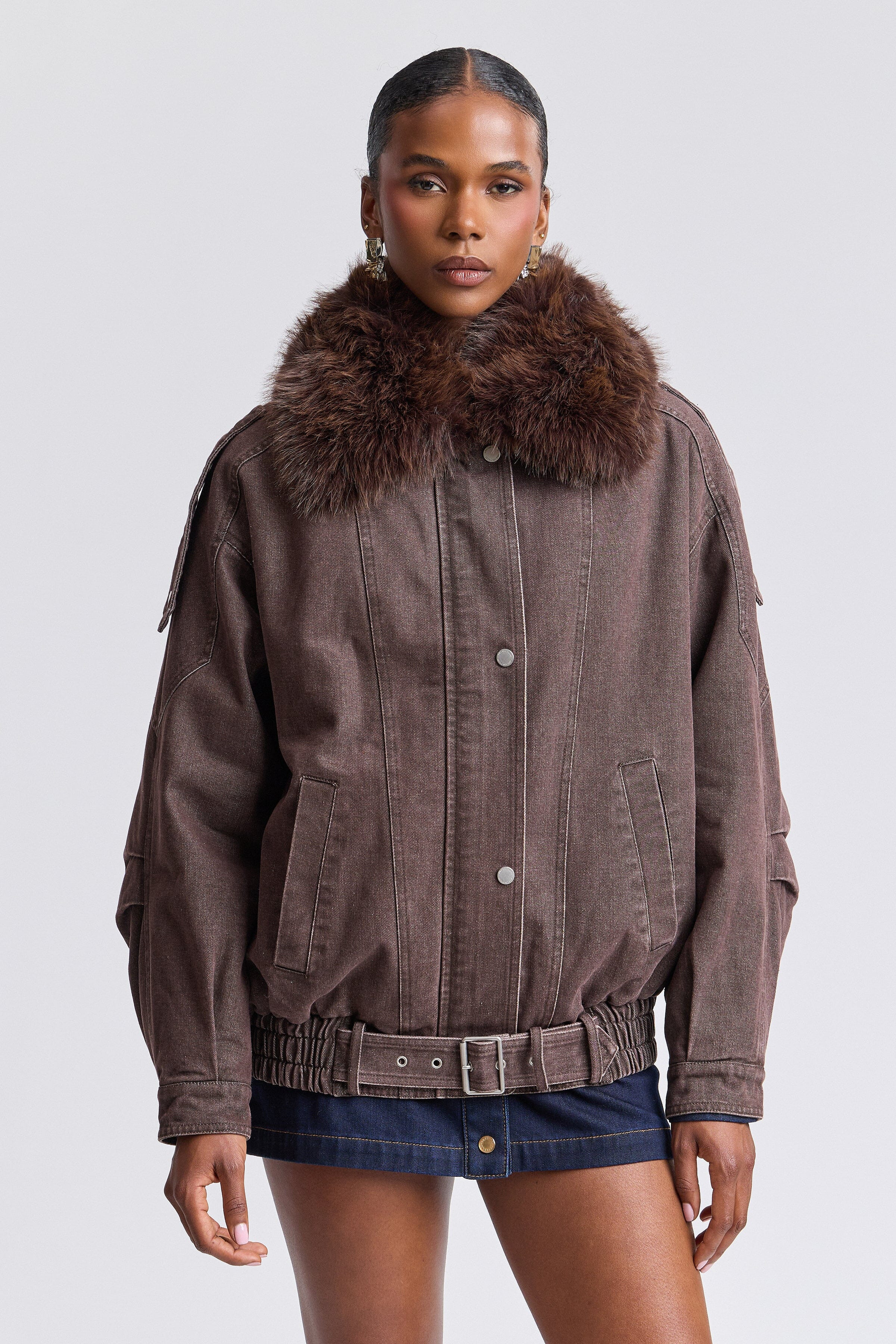 Faux Fur-Trimmed Oversized Denim Bomber Jacket | Avec Les Filles