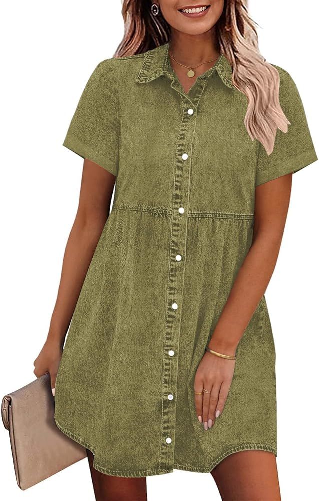 GRAPENT Denim Dress for Women Babydoll Tiered Short Sleeve Button Down Jean Shirt Dresses | Amazon (US)
