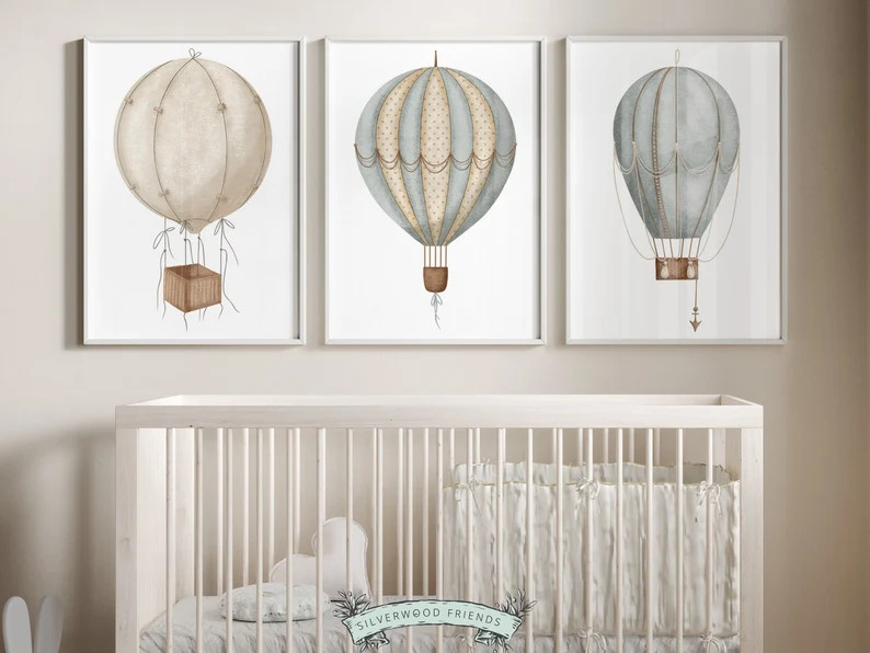 Watercolor Hot Air Balloon Nursery Prints, Balloon Nursery Printable, Neutral Nursery Prints, Tra... | Etsy (US)