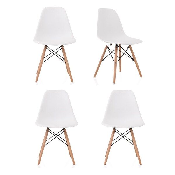 CozyBlock Set of 4 Molded  White Plastic Dining Shell Chair with Beech Wood Eiffel Legs | Bed Bath & Beyond