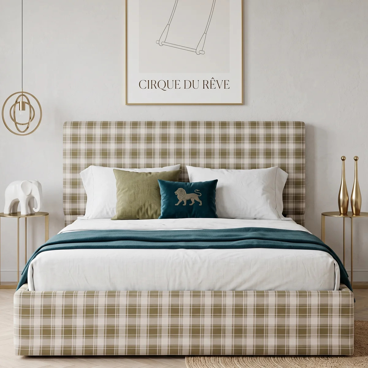 Modern Farmhouse Upholstered Platform Bed with Plaid Headboard and Lift Storage, Full, Beige And ... | Wayfair North America