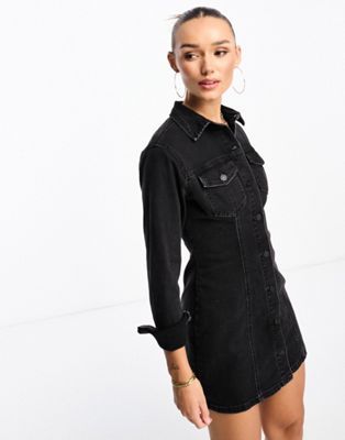 ASOS DESIGN Denim fitted shirt dress in black | ASOS | ASOS (Global)